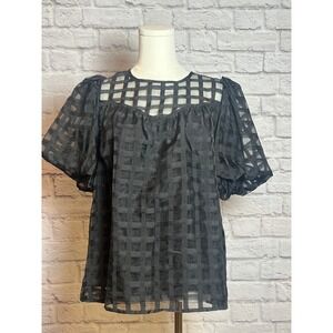 Entro Women's Small Black Sheer Lattice Puff Sleeve Top Minimal Chic, Date Night
